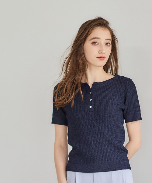 12Twelve Agenda（トゥエルブ　アジェンダ）の「ラメケーブルキーネックニットプルオーバー（ニット/セーター・レディース・サックスブルー/ネイビー/オフホワイト・M）」の2枚目の写真