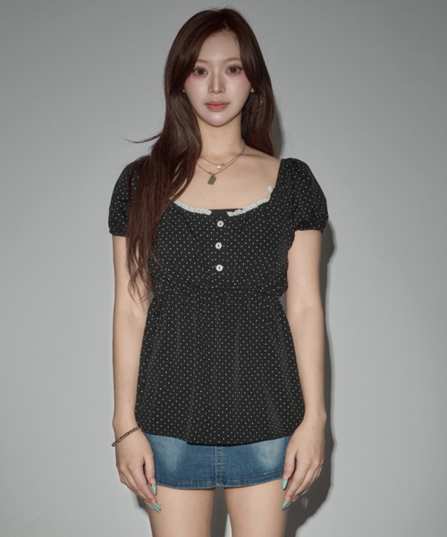 CeLess(セレス)の「Puff Sleeve Dot Peplum / パフスリーブ ドット柄ペプラム(シャツ/ブラウス・レディース・ホワイト/ブラック・FREE)」の9枚目の写真