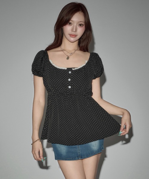 CeLess(セレス)の「Puff Sleeve Dot Peplum / パフスリーブ ドット柄ペプラム(シャツ/ブラウス・レディース・ホワイト/ブラック・FREE)」の10枚目の写真