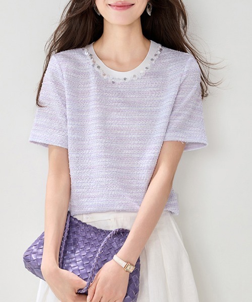 ONEP STAR(ワンピスター)の「パール風ビジュー付きツイード調トップス(Tシャツ/カットソー・レディース・ライトパープル・X-LARGE/LARGE/MEDIUM)」の2枚目の写真