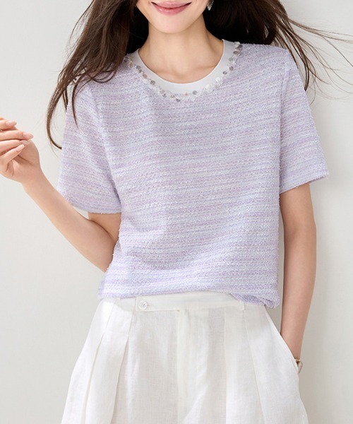 ONEP STAR(ワンピスター)の「パール風ビジュー付きツイード調トップス(Tシャツ/カットソー・レディース・ライトパープル・X-LARGE/LARGE/MEDIUM)」の3枚目の写真