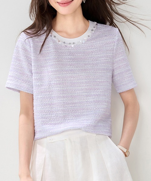 ONEP STAR(ワンピスター)の「パール風ビジュー付きツイード調トップス(Tシャツ/カットソー・レディース・ライトパープル・X-LARGE/LARGE/MEDIUM)」の4枚目の写真