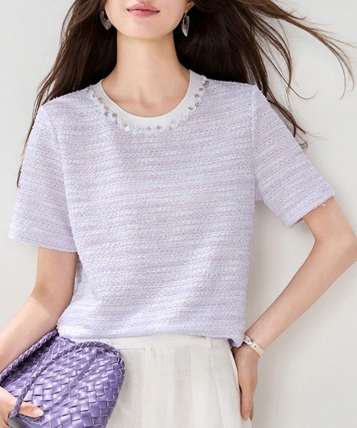 ONEP STAR(ワンピスター)の「パール風ビジュー付きツイード調トップス(Tシャツ/カットソー・レディース・ライトパープル・X-LARGE/LARGE/MEDIUM)」の5枚目の写真