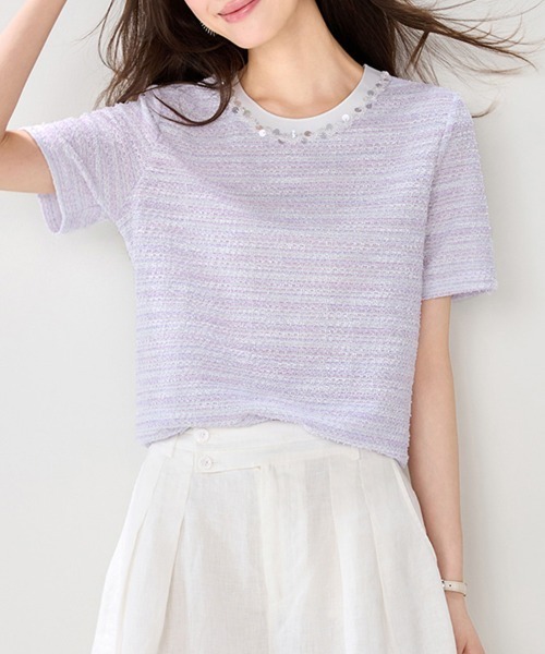 ONEP STAR(ワンピスター)の「パール風ビジュー付きツイード調トップス(Tシャツ/カットソー・レディース・ライトパープル・X-LARGE/LARGE/MEDIUM)」の6枚目の写真
