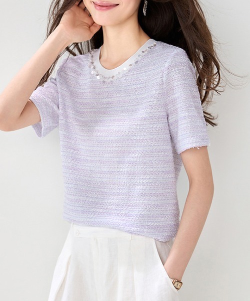 ONEP STAR(ワンピスター)の「パール風ビジュー付きツイード調トップス(Tシャツ/カットソー・レディース・ライトパープル・X-LARGE/LARGE/MEDIUM)」の7枚目の写真