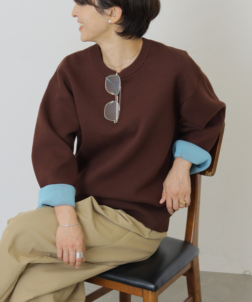 JOURNAL STANDARD relume(ジャーナルスタンダード レリューム)の「《WEB限定追加 / 新色》ダブルニットコントラストプルオーバー(ニット/セーター・レディース・グレー/ネイビー/ブラウン/アイボリー・FREE)」の3枚目の写真