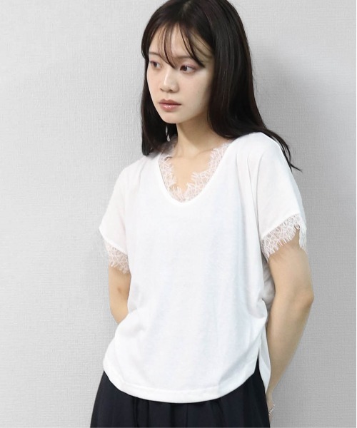 THE CELL.(ザセルドット)の「レース付き ドルマンTシャツ(Tシャツ/カットソー・レディース・ブラック/オフホワイト・FREE)」の1枚目の写真