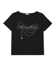 スターチェーンレタリングオーバーサイズワンショルダーハーフスリーブTシャツブラック