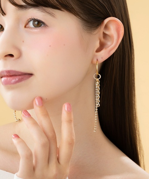 LA MUe(ラミュー)の「【LA MUE】日本製 サージカルポスト メタル×ストーン チェーン ロング ピアス(ピアス(両耳用)・レディース・シルバー/ゴールド/ブラック・FREE)」の1枚目の写真