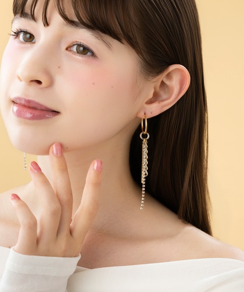 LA MUe(ラミュー)の「【LA MUE】日本製 サージカルポスト メタル×ストーン チェーン ロング ピアス(ピアス(両耳用)・レディース・シルバー/ゴールド/ブラック・FREE)」の4枚目の写真