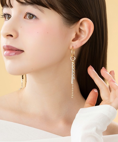 LA MUe(ラミュー)の「【LA MUE】日本製 サージカルポスト メタル×ストーン チェーン ロング ピアス(ピアス(両耳用)・レディース・シルバー/ゴールド/ブラック・FREE)」の5枚目の写真