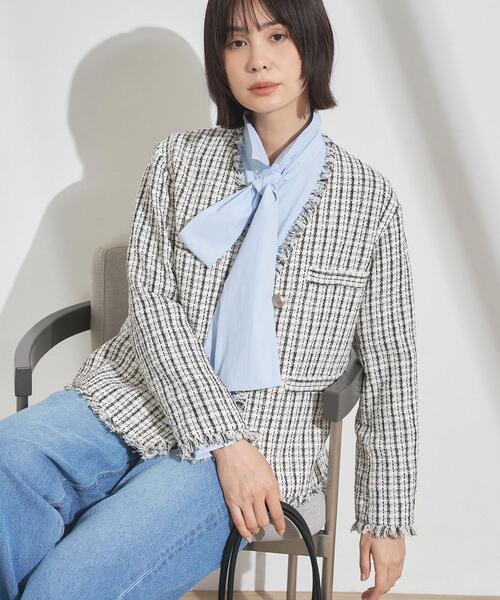 新品INDIVI 大きいサイズ19号ツイートジャケット 華やか／着回し力◎】上品ツイードVネックジャケット（ノーカラー