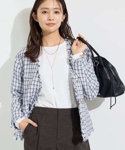 新品INDIVI 大きいサイズ19号ツイートジャケット 華やか／着回し力◎】上品ツイードVネックジャケット（ノーカラー