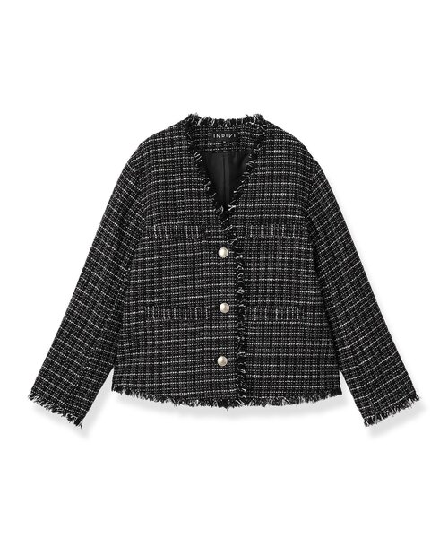 INDIVI(インディヴィ)の「【華やか/着回し力◎】上品ツイードVネックジャケット(ノーカラージャケット・レディース・サックスブルー系3/ブラック系3/ホワイト系6・13/15 /36/38/40/05/19)」の4枚目の写真