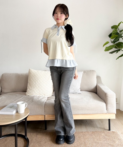 WEGO(ウィゴー)の「WEGO/ヘムフリルシャツドッキングTシャツ(Tシャツ/カットソー・レディース・グレー/アイボリー/ブラック・FREE)」の4枚目の写真