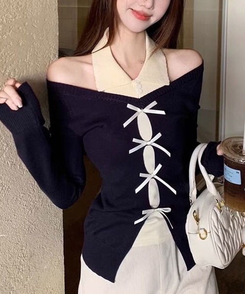 AsheKsha(アシクシャ)の「セット風オフショルダーリボン透かし編みニットトップス(ニット/セーター・レディース・レッド/ブラック/ベージュ・M)」の1枚目の写真