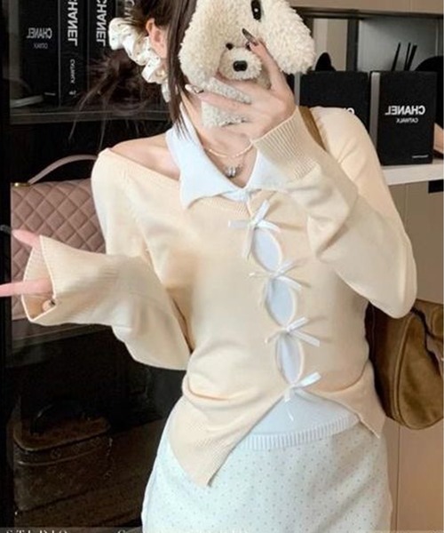 AsheKsha(アシクシャ)の「セット風オフショルダーリボン透かし編みニットトップス(ニット/セーター・レディース・レッド/ブラック/ベージュ・M)」の10枚目の写真