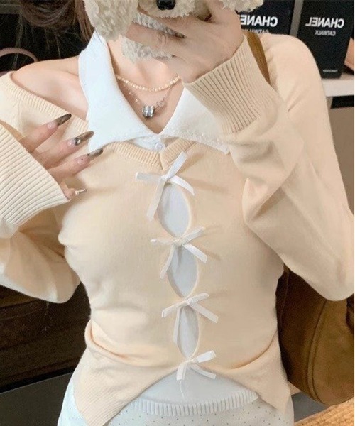 AsheKsha(アシクシャ)の「セット風オフショルダーリボン透かし編みニットトップス(ニット/セーター・レディース・レッド/ブラック/ベージュ・M)」の18枚目の写真