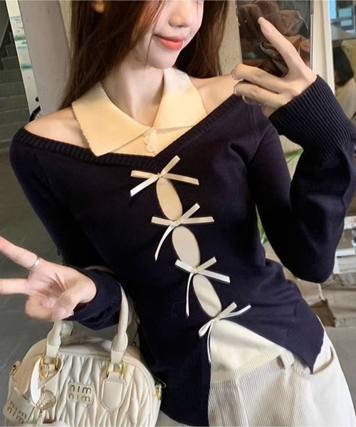 AsheKsha(アシクシャ)の「セット風オフショルダーリボン透かし編みニットトップス(ニット/セーター・レディース・レッド/ブラック/ベージュ・M)」の19枚目の写真