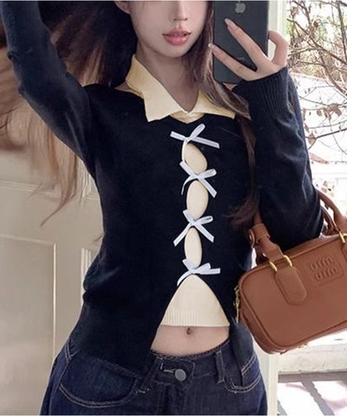 AsheKsha(アシクシャ)の「セット風オフショルダーリボン透かし編みニットトップス(ニット/セーター・レディース・レッド/ブラック/ベージュ・M)」の12枚目の写真