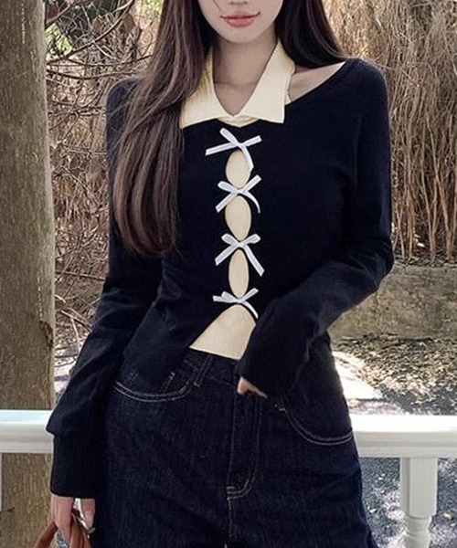 AsheKsha(アシクシャ)の「セット風オフショルダーリボン透かし編みニットトップス(ニット/セーター・レディース・レッド/ブラック/ベージュ・M)」の13枚目の写真