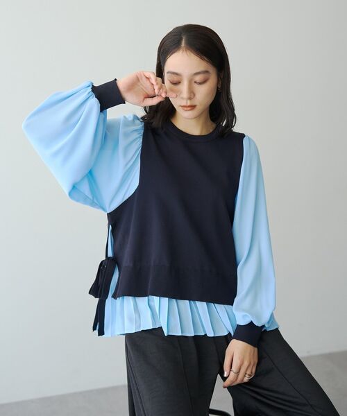 YECCA VECCA(イェッカヴェッカ)の「プリーツコンビニット(ニット/セーター・レディース・キャメル/ブラック/ネイビー・FREE)」の1枚目の写真