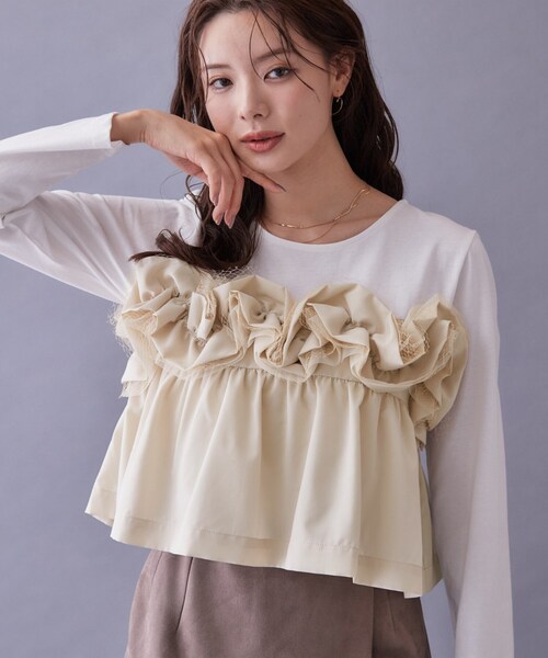 index(インデックス)の「フリルぺプラムドッキングトップス【洗濯機OK】(Tシャツ/カットソー・レディース・チャコールグレー/オフホワイト・40/38/36)」の1枚目の写真