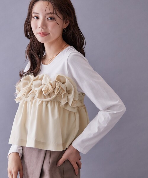 index(インデックス)の「フリルぺプラムドッキングトップス【洗濯機OK】(Tシャツ/カットソー・レディース・チャコールグレー/オフホワイト・40/38/36)」の4枚目の写真