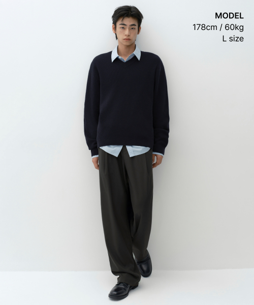 MUSINSA STANDARD（ムシンサスタンダード）の「[ビクトリアウール] ミニマルリブドVネックニット [ネイビー]（ニット/セーター・メンズ・その他・SMALL/MEDIUM/2XL/LARGE/X-LARGE）」の4枚目の写真