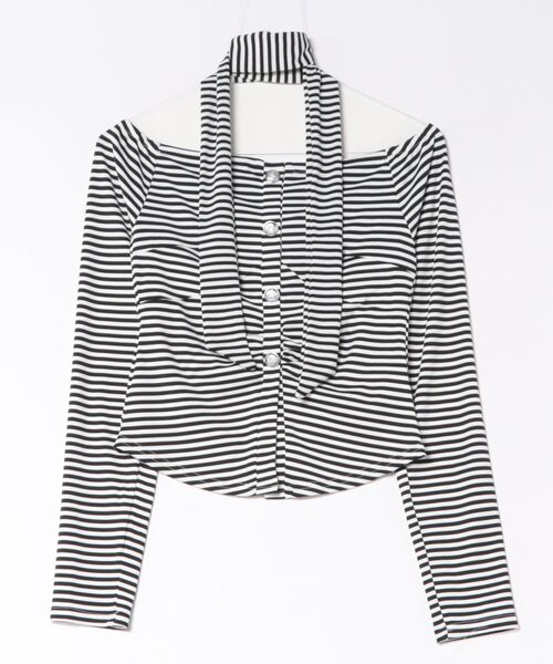 SPINNS(スピンズ)の「【セットアイテム】タイ付き長袖ボーダーカットソー/ボタン/ストール付き/平成ギャル(Tシャツ/カットソー・レディース・ブラック×ホワイト/チャコールグレー×ブラック・ONESIZE)」の3枚目の写真