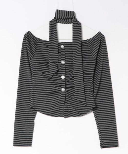 SPINNS(スピンズ)の「【セットアイテム】タイ付き長袖ボーダーカットソー/ボタン/ストール付き/平成ギャル(Tシャツ/カットソー・レディース・ブラック×ホワイト/チャコールグレー×ブラック・ONESIZE)」の4枚目の写真