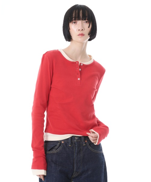 FRUIT OF THE LOOM(フルーツオブザルーム)の「FTL ヘンリーネック 2カラーパック L/S(Tシャツ/カットソー・レディース・パープル/レッド/ブラウン・S/M/L)」の1枚目の写真