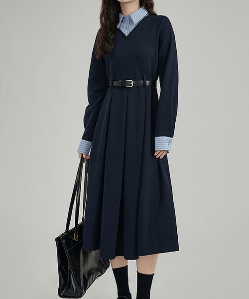 Kuroba（クロバ）の「ストライプシャツドッキング長袖ロングワンピース（ワンピース・レディース・ネイビー・S/M/L）」の3枚目の写真