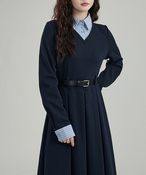 Kuroba（クロバ）の「ストライプシャツドッキング長袖ロングワンピース（ワンピース・レディース・ネイビー・S/M/L）」の4枚目の写真