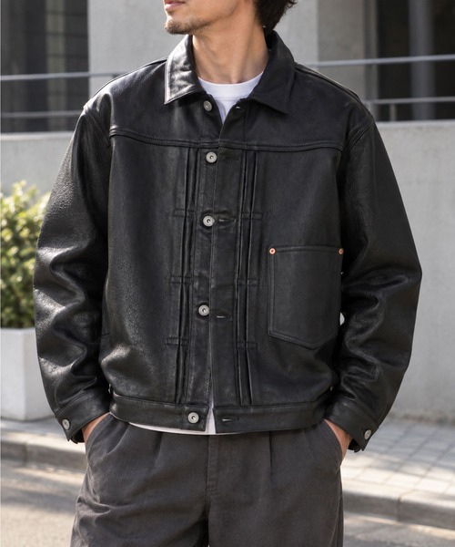 yield(イールド)の「【HOUSTON】ヒューストン COW LEATHER WW Ⅱ TRUCKER JACKET カウレザー トラックジャケット 本革 アメカジ 牛革(その他アウター・メンズ・ブラック・M/L/XL)」の1枚目の写真
