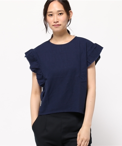 earth music&ecology(アースミュージックアンドエコロジー)の「麻混肩フリルブラウス(シャツ/ブラウス・レディース・ネイビー/ライトベージュ/カーキ/キャメル・FREE)」の9枚目の写真