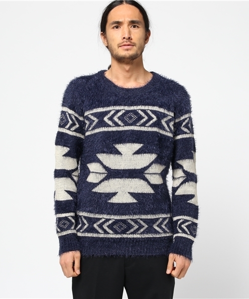 Revo.(レボ)の「モヘアタッチネイティブ柄ニット(ニット/セーター・メンズ・ネイビー/ナチュラル・1/2)」の1枚目の写真