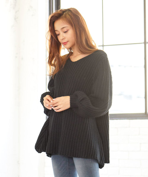 KOBE LETTUCE（コウベレタス）の「女性らしさがいっぱい詰まったゆるっとこなれknit！フレアデザインざっくりニットトップス/レディースセーター[C2934]神戸レタス（ニット/セーター・レディース・オフホワイト/ネイビー/ダークグリーン/ボルドー/ブラック・FREE）」の3枚目の写真