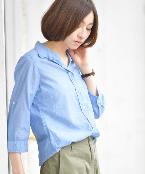 rps(アールピーエス)の「やわらかコットン前開きシャツ(シャツ/ブラウス・レディース・ブラック/ネイビー/ライトブルー/カーキ/ブルー/オフホワイト/ブラック系その他2/サックスブルー/ラベンダー/ホワイト系その他2/オレンジ/イエロー・M)」の6枚目の写真