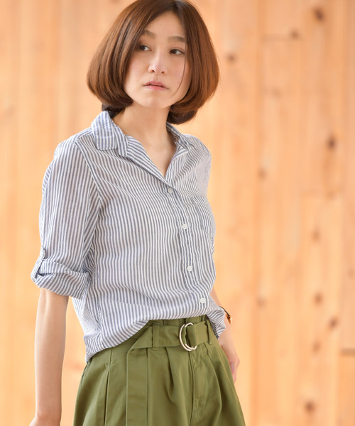 rps(アールピーエス)の「やわらかコットン前開きシャツ(シャツ/ブラウス・レディース・ブラック/ネイビー/ライトブルー/カーキ/ブルー/オフホワイト/ブラック系その他2/サックスブルー/ラベンダー/ホワイト系その他2/オレンジ/イエロー・M)」の4枚目の写真