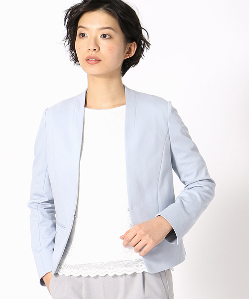 COMME CA ISM(コムサイズム)の「《UVカット/ウォッシャブル》 ジャージー ノーカラー ジャケット 日本素材(ノーカラージャケット・レディース・ライトグレー/ブラック/ネイビー/サックスブルー・SMALL/MEDIUM/LARGE/X-LARGE/X-SMALL)」の4枚目の写真