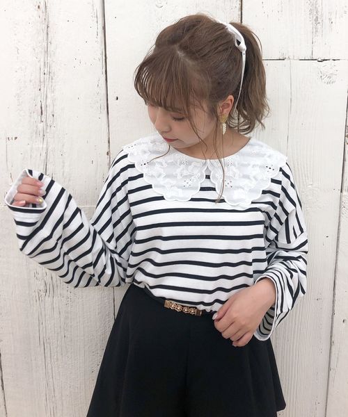 one after another NICE CLAUP（ワンアフターアナザーナイスクラップ）の「レース衿ロングTシャツ（Tシャツ/カットソー・レディース・オフホワイト/ホワイト系その他/ブラック/ベージュ系その他・FREE）」の3枚目の写真