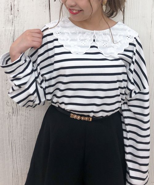 one after another NICE CLAUP（ワンアフターアナザーナイスクラップ）の「レース衿ロングTシャツ（Tシャツ/カットソー・レディース・オフホワイト/ホワイト系その他/ブラック/ベージュ系その他・FREE）」の16枚目の写真