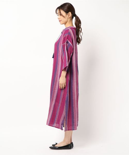 チャイハネ（チャイハネ）の「【チャイハネ】南インドストライプ織りルレックスワンピース（ワンピース・レディース・ベージュ/パープル/オレンジ・FREE）」の5枚目の写真
