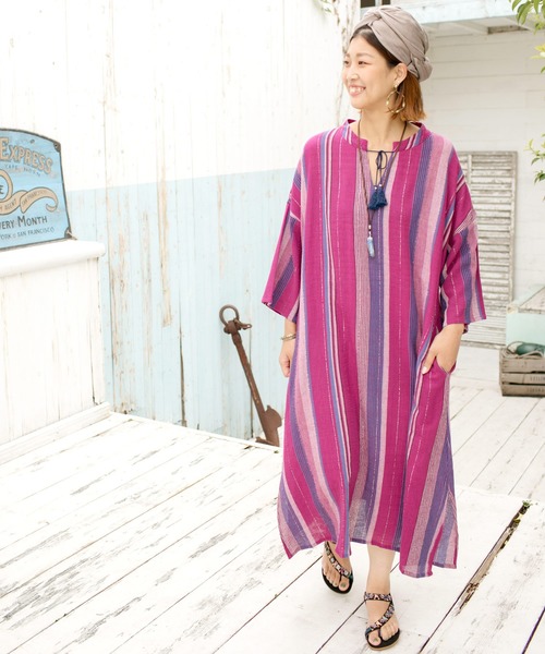 チャイハネ（チャイハネ）の「【チャイハネ】南インドストライプ織りルレックスワンピース（ワンピース・レディース・ベージュ/パープル/オレンジ・FREE）」の3枚目の写真