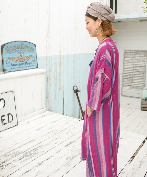 チャイハネ（チャイハネ）の「【チャイハネ】南インドストライプ織りルレックスワンピース（ワンピース・レディース・ベージュ/パープル/オレンジ・FREE）」の8枚目の写真