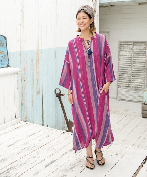 チャイハネ（チャイハネ）の「【チャイハネ】南インドストライプ織りルレックスワンピース（ワンピース・レディース・ベージュ/パープル/オレンジ・FREE）」の7枚目の写真