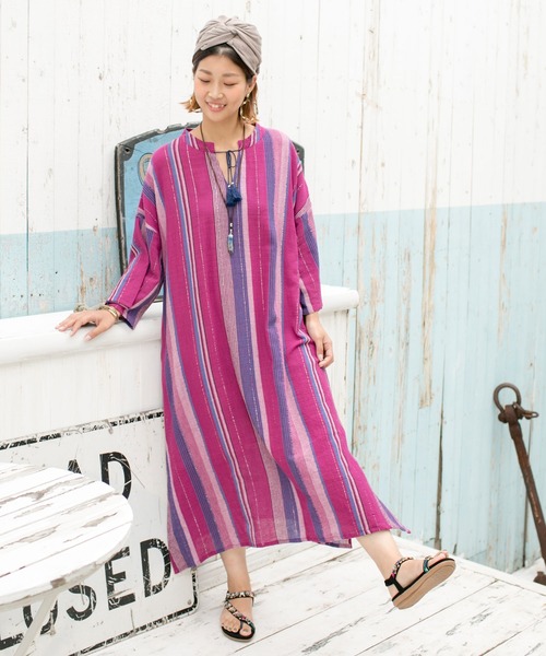 チャイハネ（チャイハネ）の「【チャイハネ】南インドストライプ織りルレックスワンピース（ワンピース・レディース・ベージュ/パープル/オレンジ・FREE）」の10枚目の写真