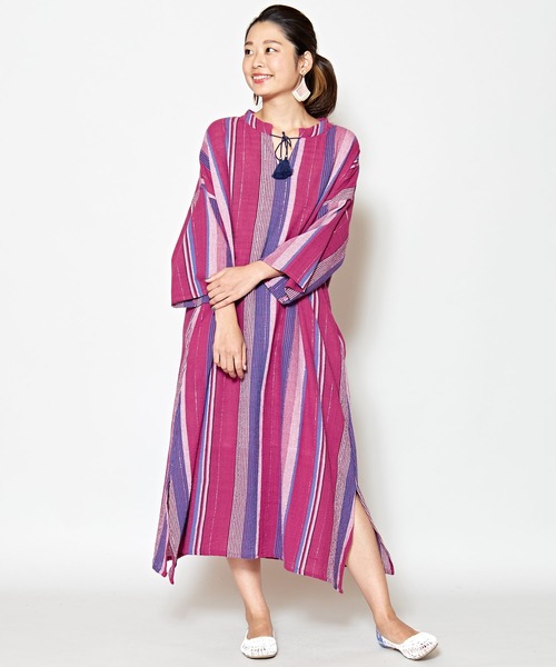 チャイハネ（チャイハネ）の「【チャイハネ】南インドストライプ織りルレックスワンピース（ワンピース・レディース・ベージュ/パープル/オレンジ・FREE）」の12枚目の写真