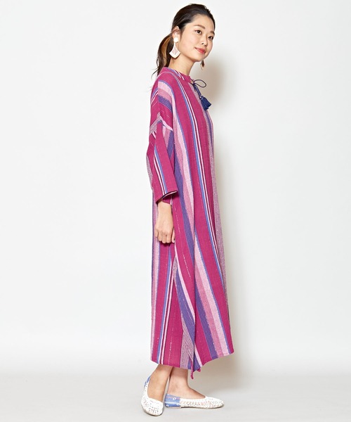 チャイハネ（チャイハネ）の「【チャイハネ】南インドストライプ織りルレックスワンピース（ワンピース・レディース・ベージュ/パープル/オレンジ・FREE）」の13枚目の写真